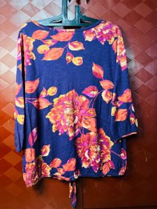 Blue Floral Print Button-Up Top