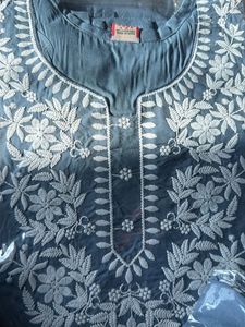 Embroidered Grey Cotton short Kurta