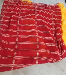 Beautiful Red &amp; Yellow Printed Saree | Fall &amp; Pico