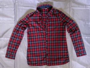 Red Plaid Button-Up Shirt with Ruffle Detail