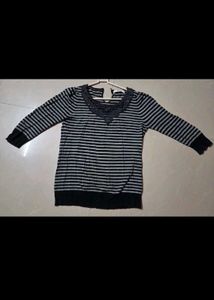 Striped Long Sleeve Top with Lace Neckline