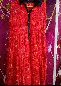 Red Printed Maxi Dress with Black Accents
