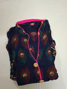 Navy Blue Peacock Print Kurta