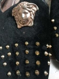 Black velvet studded loafers with gold medusa Embl