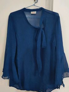 Dark Blue Sheer Bell Sleeve Blouse