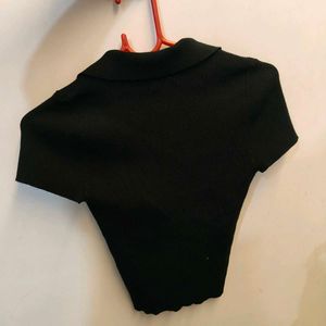 Black Ribbed Collared Crop Top