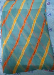 Elegant Teal Saree with Orange Stripes