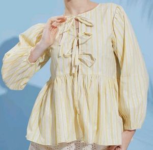 Chic Yellow Striped Tie-Neck Top