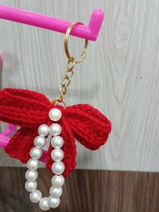Handmade Red Bow Keychain with Pearls