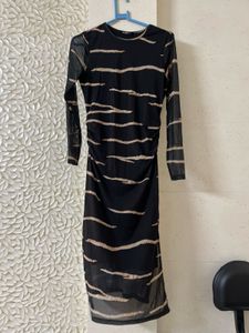 Chic Black &amp; Beige Striped Mesh Dress