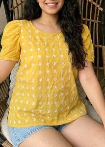 Yellow Embroidered Puff Sleeve Kurta