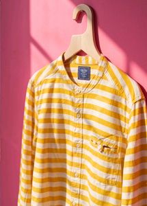 💛 Mustard Yellow Striped Cotton Shirt | Mandarin