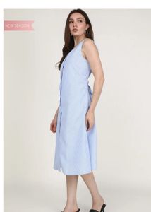 Light Blue Striped Button-Up Midi Dress
