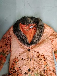Orange Floral Quilted Jacket with Fur Collar
