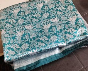 Beautiful Teal Saree with Silver Weave