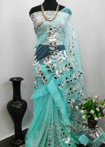 💚 Stylish Sea Green Mirror Work Saree with Stitch
