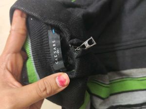 Men's Black Zip-Up Jacket with Green Stripes