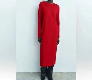 ZARA Red knit Long Sleeve Midi Dress