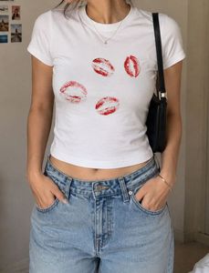 White T-Shirt with Lipstick Kiss Print