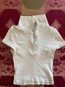 Ribbed Knit Collared Crop Top
