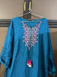 Embroidered Teal Kurta with Tassels