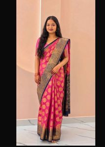 Vibrant Pink Silk Saree with Gold Peacock Motifs