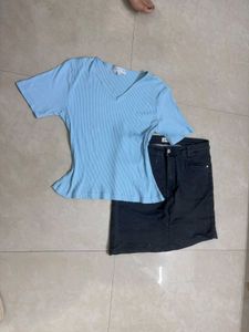 Light Blue Ribbed V-Neck Top