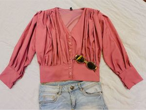 Chic Pink Ruched Long Sleeve Top