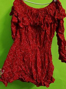 Red Off-Shoulder Bandhani Print Top