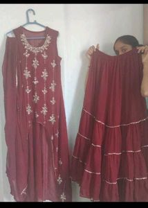 Maroon Embellished Kurta and Skirt Set
