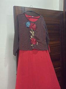 Embroidered Kurta Set with Red Skirt