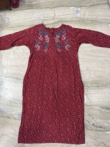 Maroon Printed Kurta with Floral Embroidery