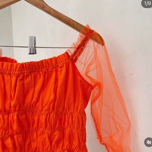 Orange Off-Shoulder Ruched Mesh Top