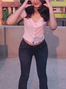 Pink Textured Short Sleeve Button-Up Top