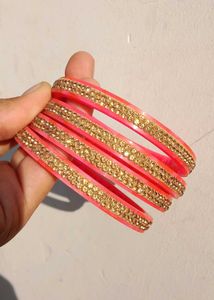 Elegant Pink &amp; Gold Stone Bangles