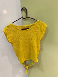 Yellow Knit Crop Top with Tie Back