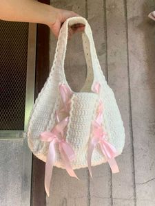 Cream Crochet Corset Bag with Pink Ribbons