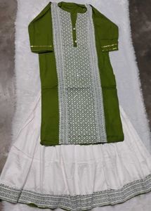 Green &amp; White Embroidered Lehenga Choli