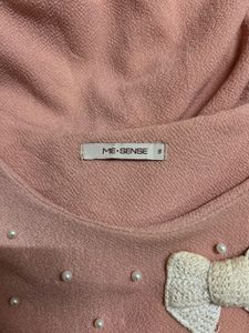Korean peach Dress with Pearl &amp; Bow Detail