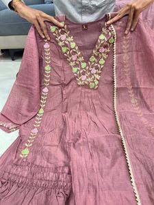 Mauve Embroidered Mul Chanderi Suit Set