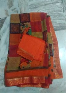 Patchwork Orange Saree With Blouse Piece