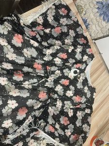 Black Floral Print Gown with Tassels