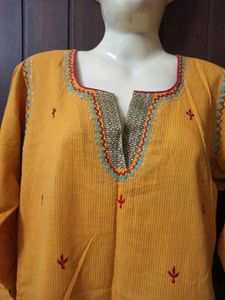 Yellow Striped Embroidered Kurta