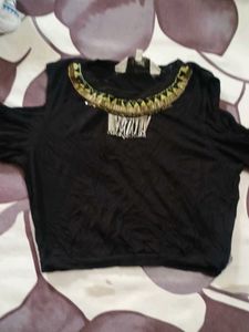 Black Cold Shoulder Top with Embellished Neckline