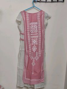 Pink &amp; White Embroidered Kurta