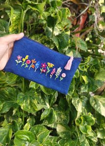 Embroidered Floral Blue Pouch