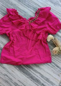 Pink Ruffle Top with stones embellished,Korean