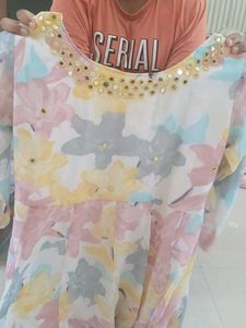 Floral Print Ethnic Gown with Embellished Neckline