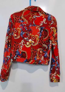 Stylish Red Baroque Print Cropped Jacket
