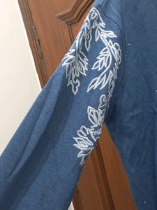 Blue Bomber Jacket with Leaf Embroidery